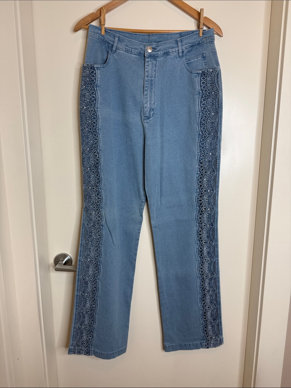 Light Blue Straight-Leg Jeans with Side Lace Trim